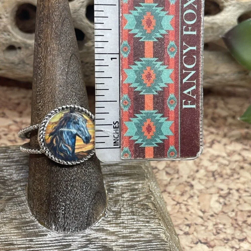 Stained Glass Horse Silver-Tone Ring in Blue and Brown